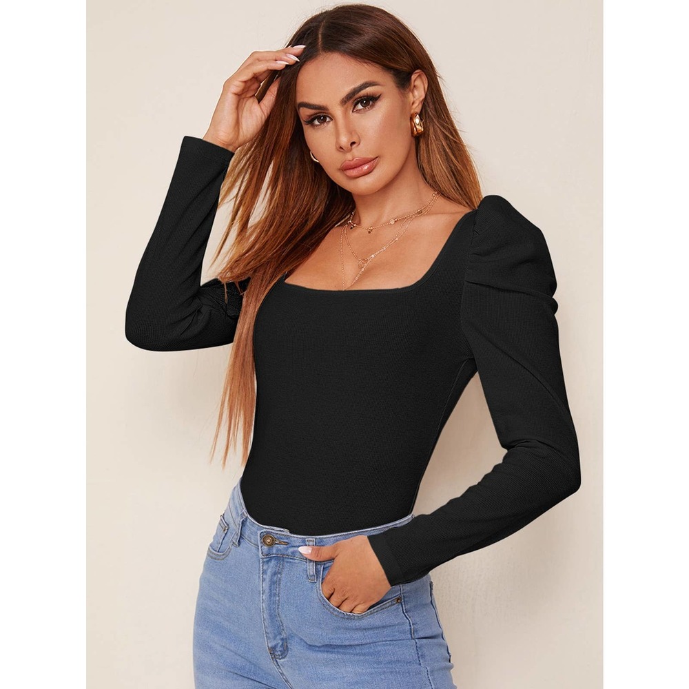 Square Neck Leg of mutton Sleeve long sleeve puff shoulder Top black